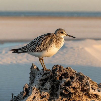 Sanderling standing on beach driftwood