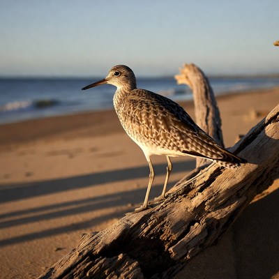 Whimbrel standing on beach driftwood