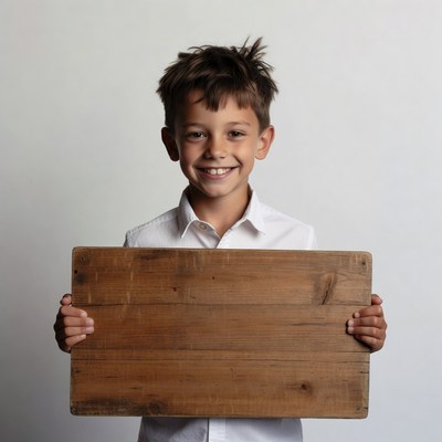 Boy holding blank wooden sign