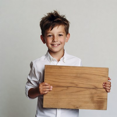 Boy holding blank wooden sign