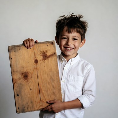 Boy holding wooden sign