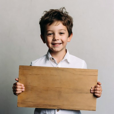 Boy holding blank wooden sign