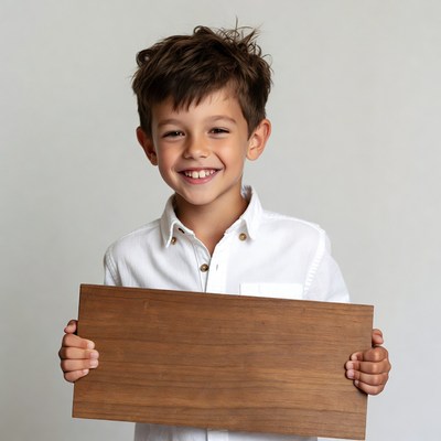Boy holding wooden sign