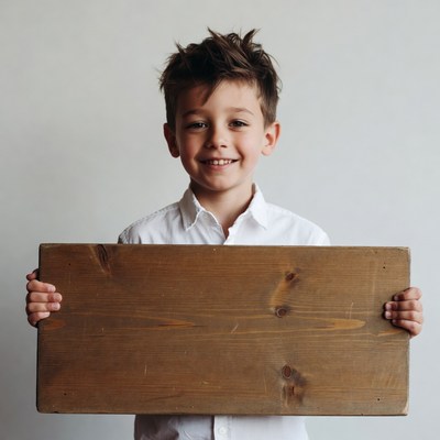 Boy holding wooden sign