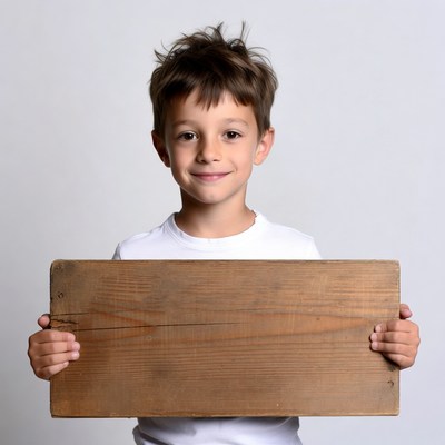 Boy holding blank wooden sign