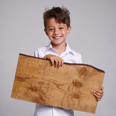 Boy holding wooden sign