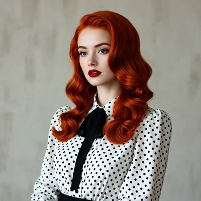 Woman with red wavy hair in polka dot blouse