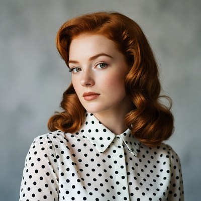 Redhead woman in polka dot blouse