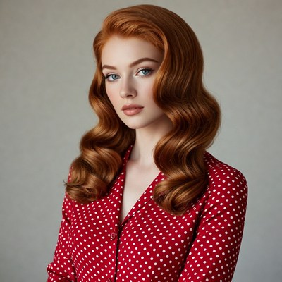 Woman with red wavy hair in polka dot dress