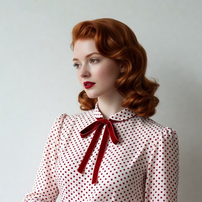 Woman in red bow polka dot blouse