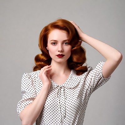 Redhead woman in polka dot blouse