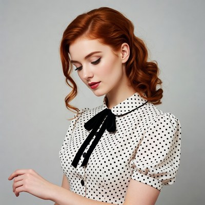 Redhead woman in polka dot blouse