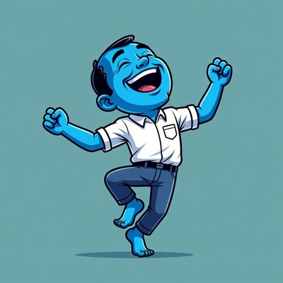 Blue cartoon man laughing joyfully