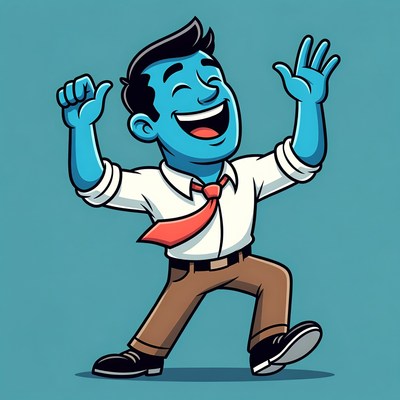 Excited cartoon man raising hands