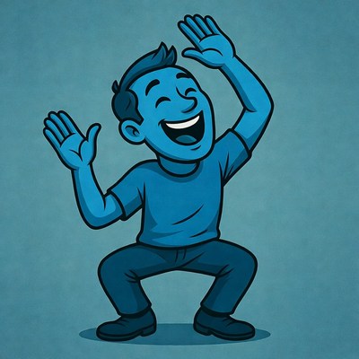 Cartoon man raising hands happily