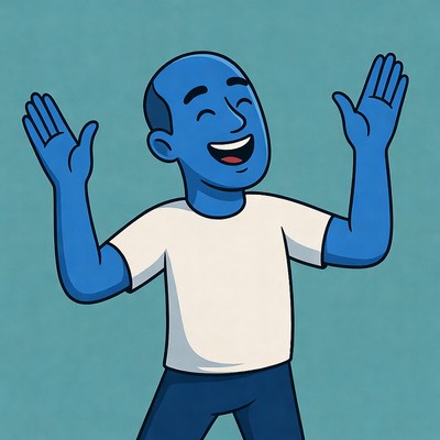 Blue cartoon man raising hands happily