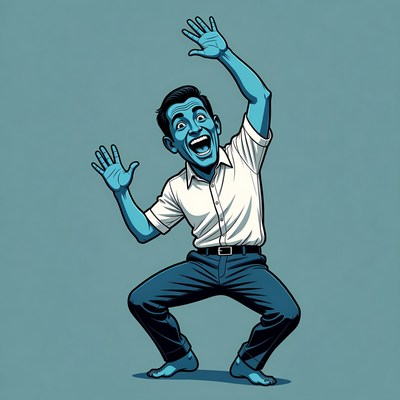 Excited cartoon man raising hands