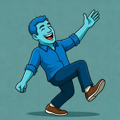 Cartoon blue man dancing happily