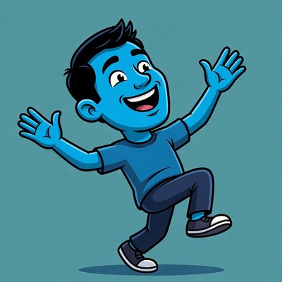 Blue cartoon man dancing happily