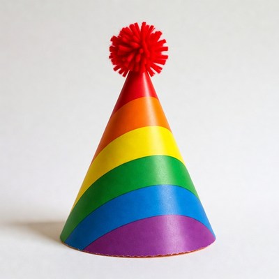 Rainbow Party Hat with Red Pom Pom