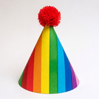 Rainbow party hat with red pom pom