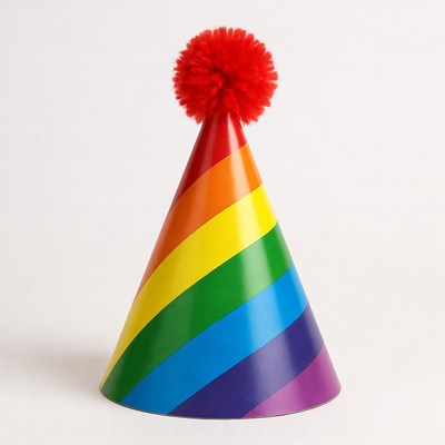 Rainbow Party Hat with Red Pom Pom