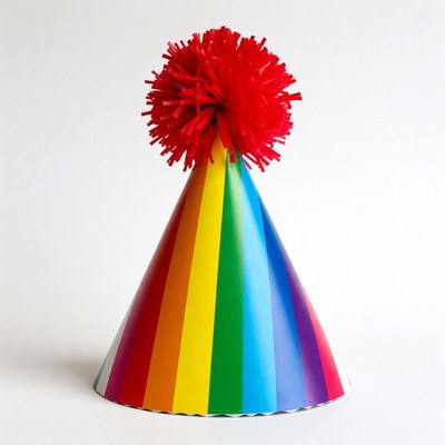 Rainbow Party Hat with Red Pom Pom