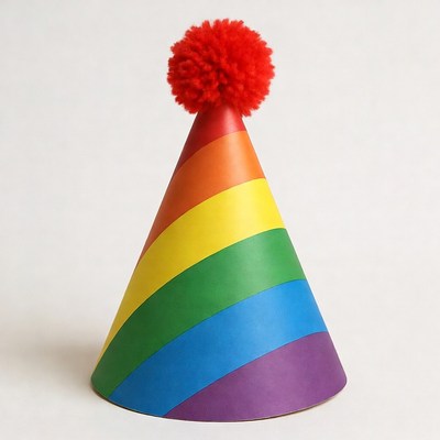 Rainbow Party Hat with Red Pom Pom