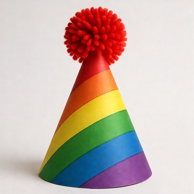 Rainbow Party Hat with Red Pom Pom
