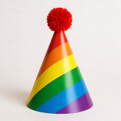 Rainbow Party Hat with Red Pom Pom