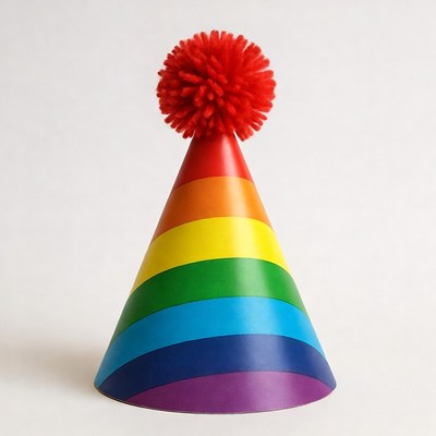 Rainbow Party Hat with Red Pom Pom