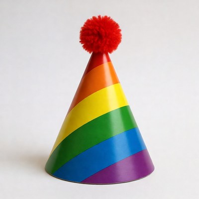 Rainbow Party Hat with Red Pom Pom