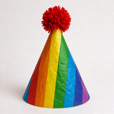 Rainbow Party Hat with Red Pom Pom