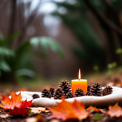 Pine Cones and Candle on Autumn Leaves
