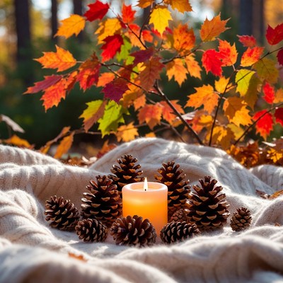 Pine Cones and Candle on Knitted Blanket