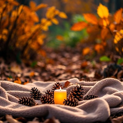 Lit Candle with Pine Cones on Blanket