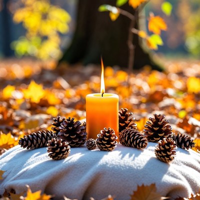 Lit Candle with Pine Cones on Autumn Leaves