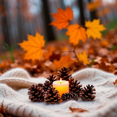 Pine Cones and Candle on Knitted Blanket