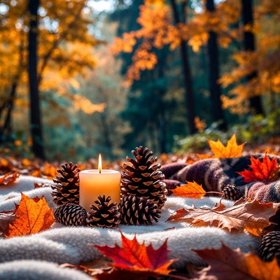 Pine Cones Candle on Autumn Blanket