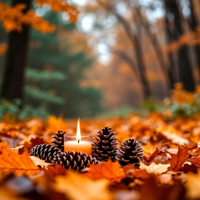 Pine Cones and Candle on Autumn Leaves