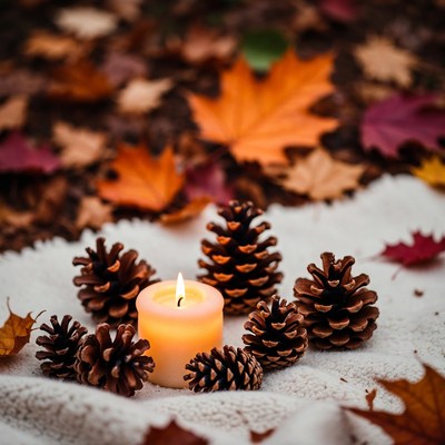 Candle with Pine Cones on Autumn Leaves