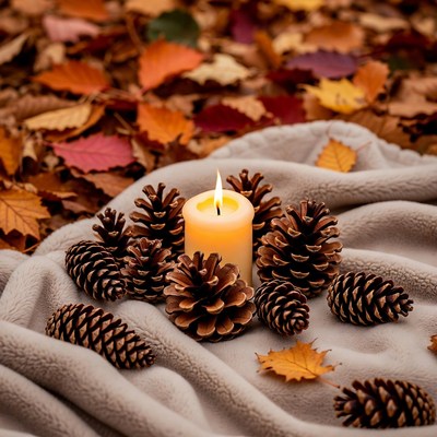 Pine Cones and Candle on Autumn Leaves