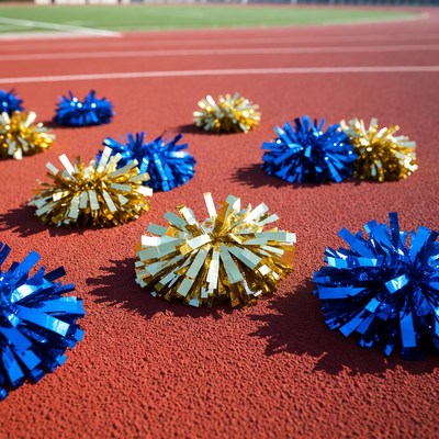 Blue and Gold Cheerleader Pom Poms on Track
