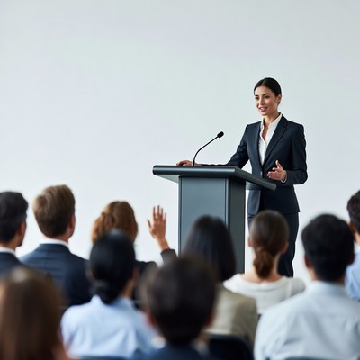 Woman speaking at podium to audience