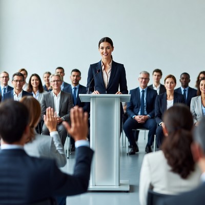 Woman speaking at podium to audience