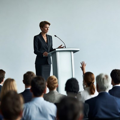 Woman speaking at podium to audience