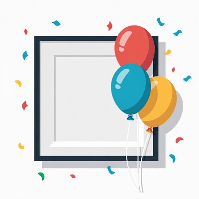 Balloons and confetti on empty picture frame