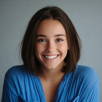Smiling woman with freckles and brown hair