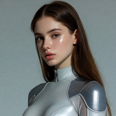 Woman in silver futuristic bodysuit