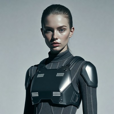 Woman in futuristic black armor suit